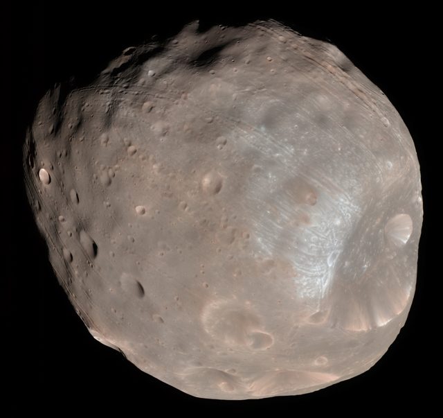 Phobos, a small moon of Mars, seen in color by NASA's Mars Reconnaissance Orbiter in 2008.
